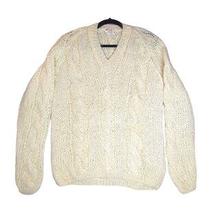 Vintage Impassa Wool & Mohair Fuzzy Cable Knit V-Neck Sweater Made in Italy